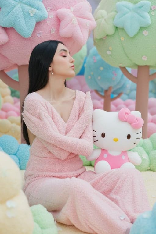 Recreate the original person as a human-style fluffy character in the Hello Kitty parallel world. Preserve hairstyle outline and clothing shape, render the figure as a soft stuffed doll, and place a Hello Kitty plush beside them, both sharing the same plush material, rounded proportions, and pastel palette.