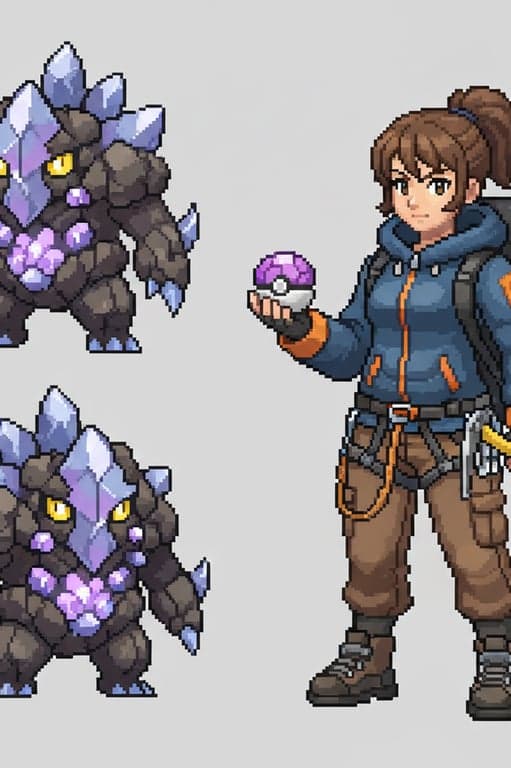 Front and back pixel sprites for a rock-type pokemon that looks like a living geode. Next to it, pixel sprites of its rugged, mountain-climber trainer (male/female) in matching adventurous attire are also included.