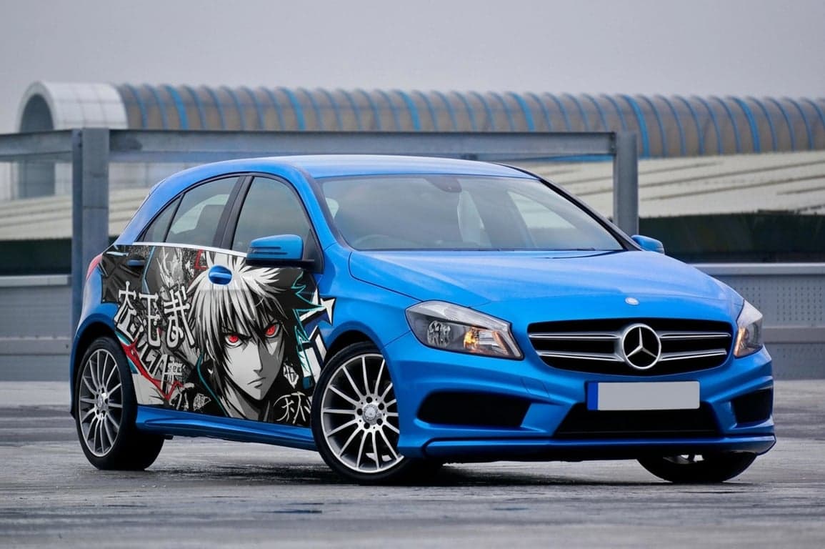 AI anime car sticker after photo - blue car on the parking lot with car sticker