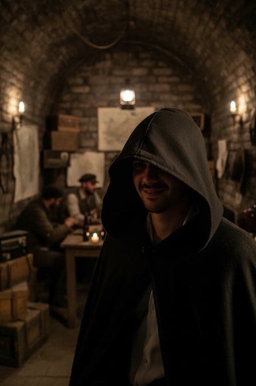 a portrait of a person as a member of the Revolutionary Army, wearing a cloak and hood with a mysterious ambiance