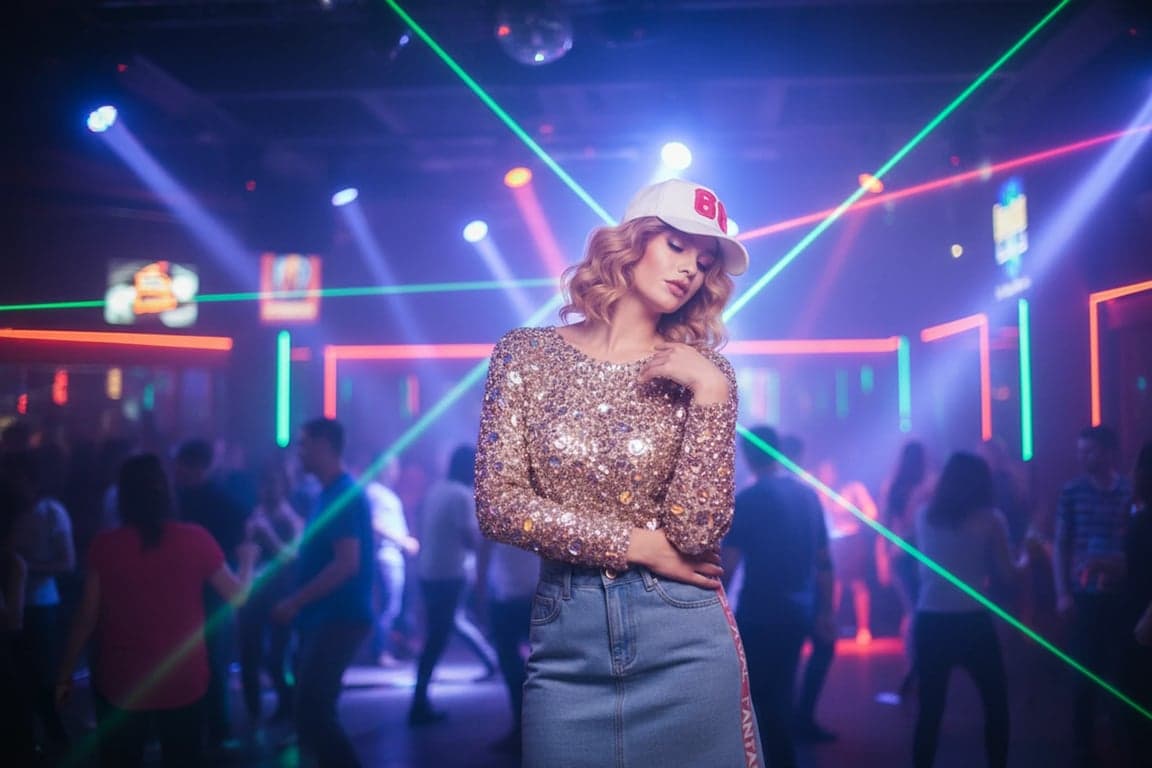 a portrait of a woman in a sparkling diamond-encrusted party top with champagne tones and festive celebratory lighting