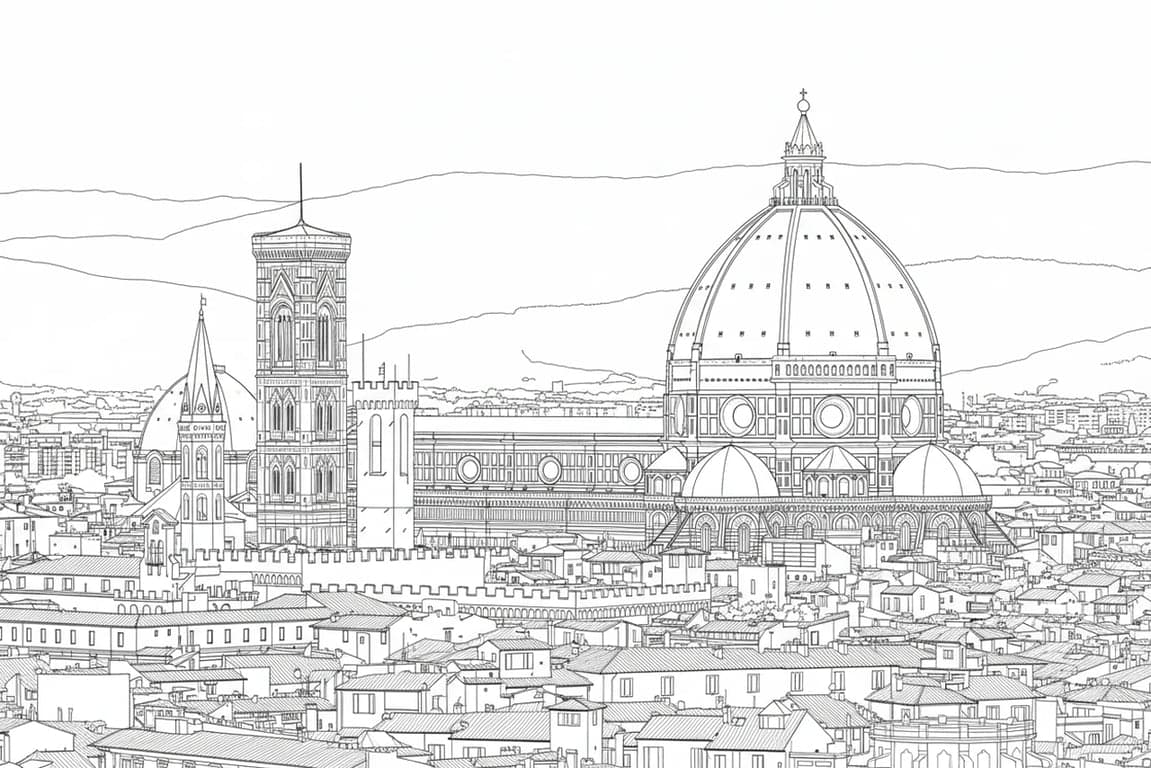 A detailed castle line drawing generated as a coloring page, with turrets and flags, intended for crayons, bold outlines, no internal details.