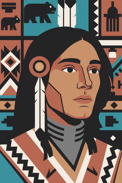 a portrait of a person reimagined in a tribal-inspired Native American art style with patterned elements integrated into clothing or background, stylized facial proportions, flat graphic composition, symbolic shapes, and balanced decorative structure