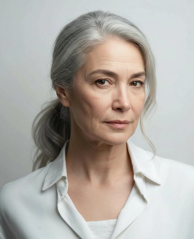 age ai generator after photo - woman wearing white shirt in her 70s