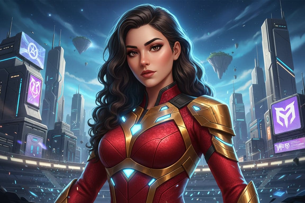 a portrait of a person transformed into a Marvel Rivals–style superhero game render with stylized realism, cinematic lighting, polished textures, and a powerful competitive game mood