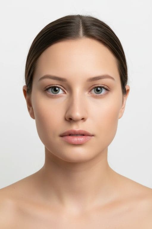 a portrait of a woman, compliant id photo, solid light-colored background, eyes open and visible, no shadows, direct camera gaze.