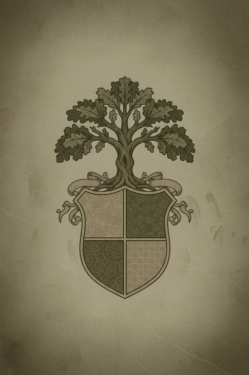 Generate a traditional crest with a timeless feel, directly using the muted sepia and olive green tones from the old family photo. Feature a steadfast oak tree and a shield with a classic quartered division.