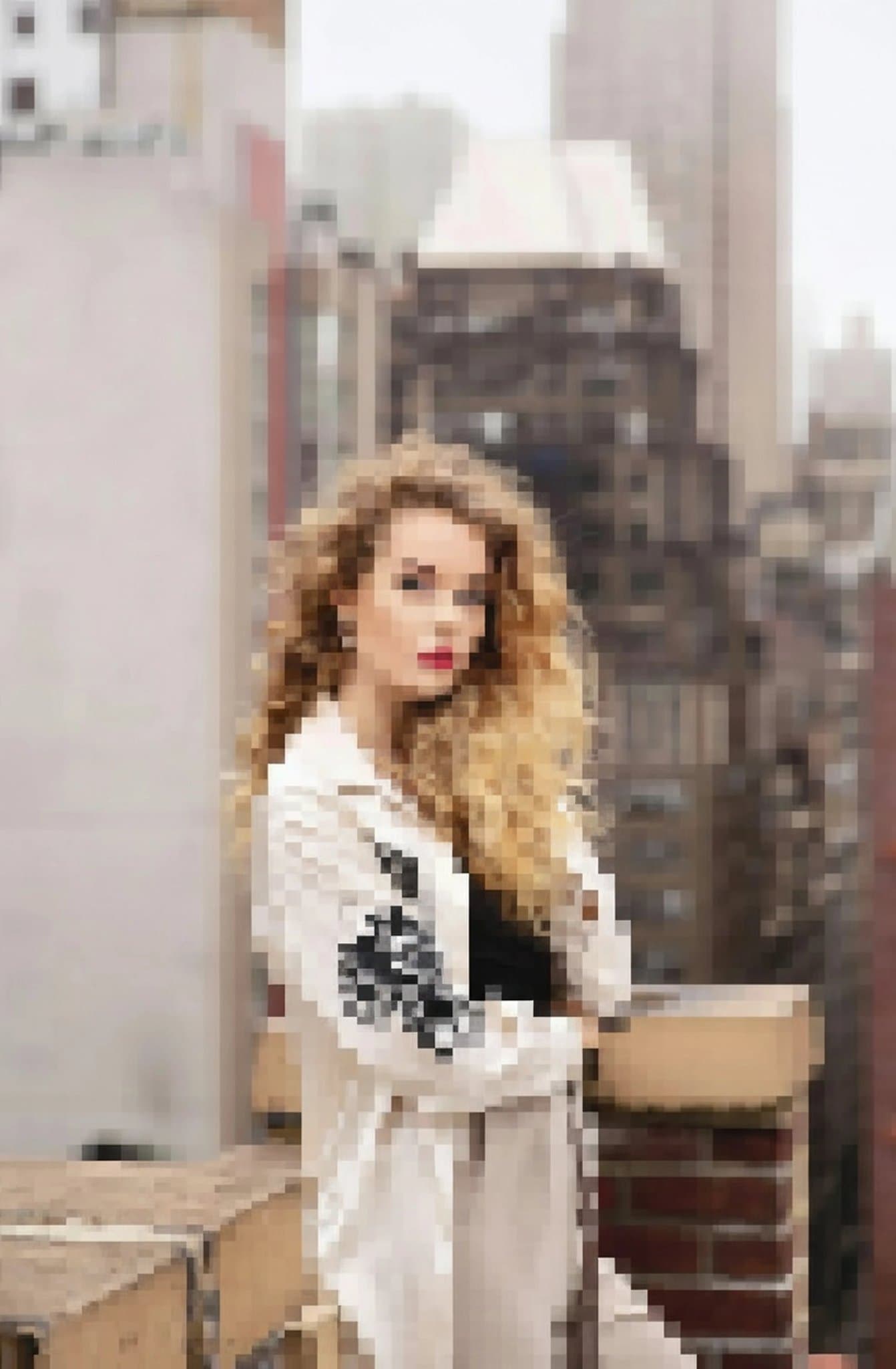 AI pixelate image filter after transformation - influencer photo stylized with digital mosaic pattern